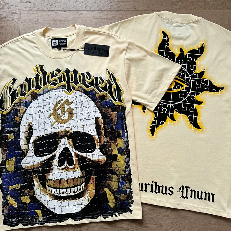3039# P110 Real shot Godspeed American fashion rock street retro loose printed cotton short sleeves Fabric: 240g 32 count fine cotton double yarn pure cotton Color: apricot Size: S M L XL