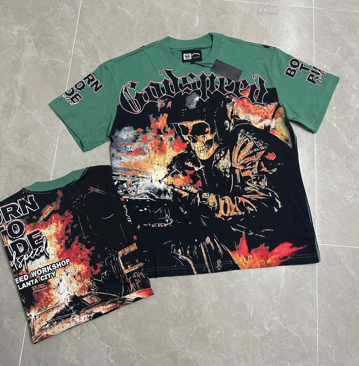 5316#pine cypress green I P104 Godspeed cross-border American rock and roll street washed retro style short-sleeved T (craft printing) fabric (fabric): 32 counts combed double yarn 240 grams weight code number (size): S-M-L-XL color (colour): pine cypress green
