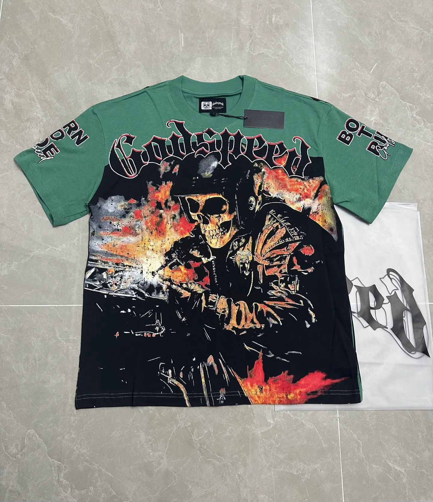 5316#pine cypress green I P104 Godspeed cross-border American rock and roll street washed retro style short-sleeved T (craft printing) fabric (fabric): 32 counts combed double yarn 240 grams weight code number (size): S-M-L-XL color (colour): pine cypress green