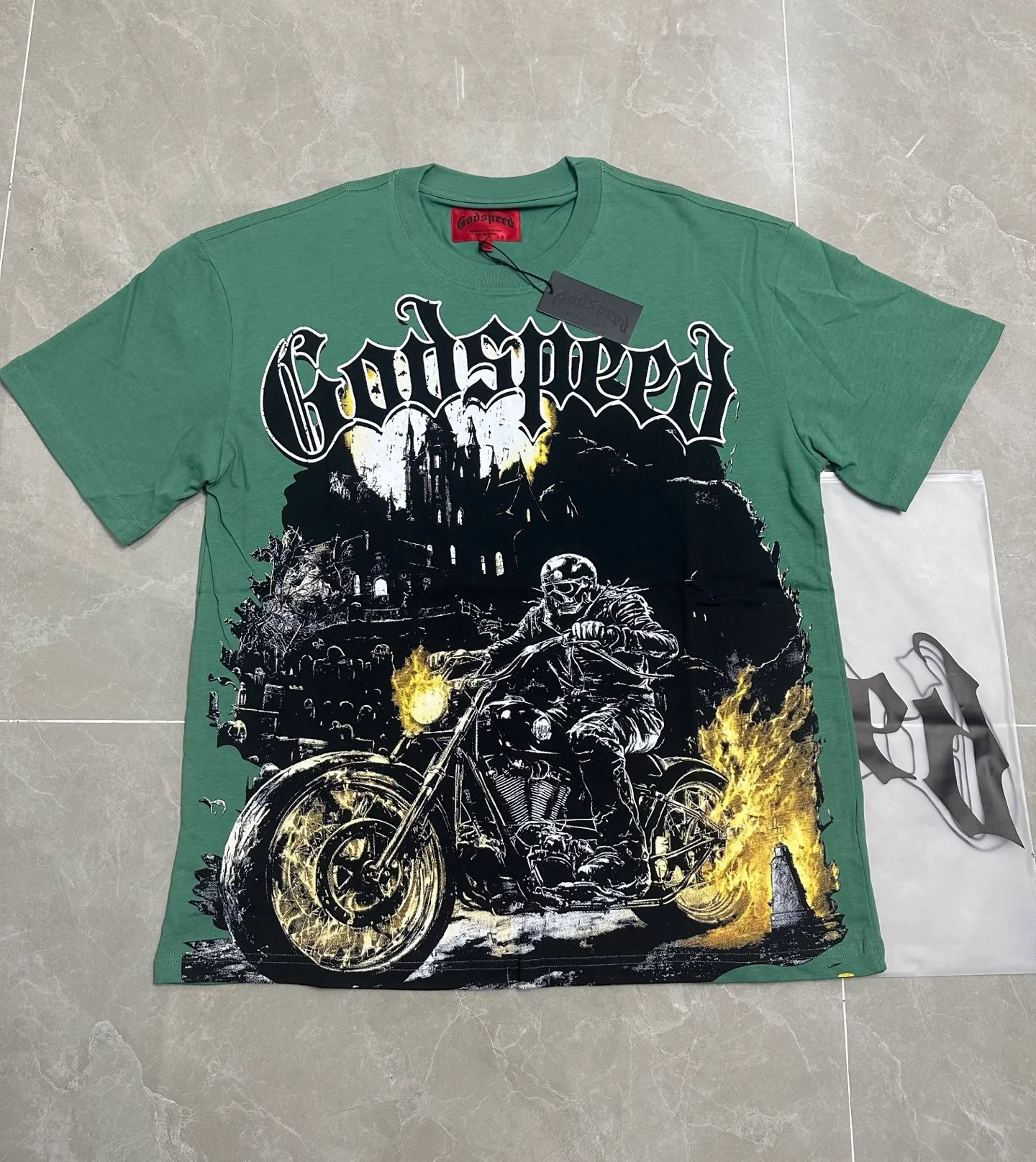 5306#pine cypress green | P106 Godspeed cross-border American rock and roll street washed retro style short-sleeved T (craft printing) fabric (fabric): 32 count combed double yarn 240 grams weight code (size): S-M-L-XL color (colour): pine cypress green 👉