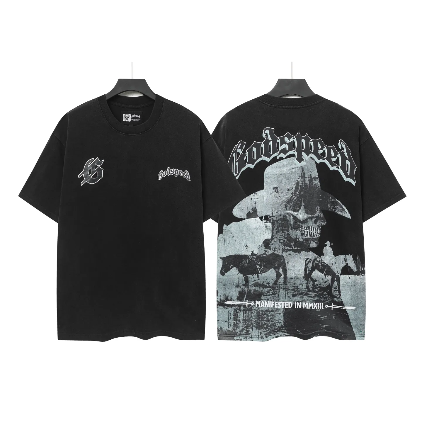 6035# washed black｜P116 Godspeed cross-border American rock and roll street washed retro style short-sleeved T (craft printing) fabric (fabric): 32 count combed double yarn 250 grams weight code (size): S-M-L-XL color (colour): washed black 👉