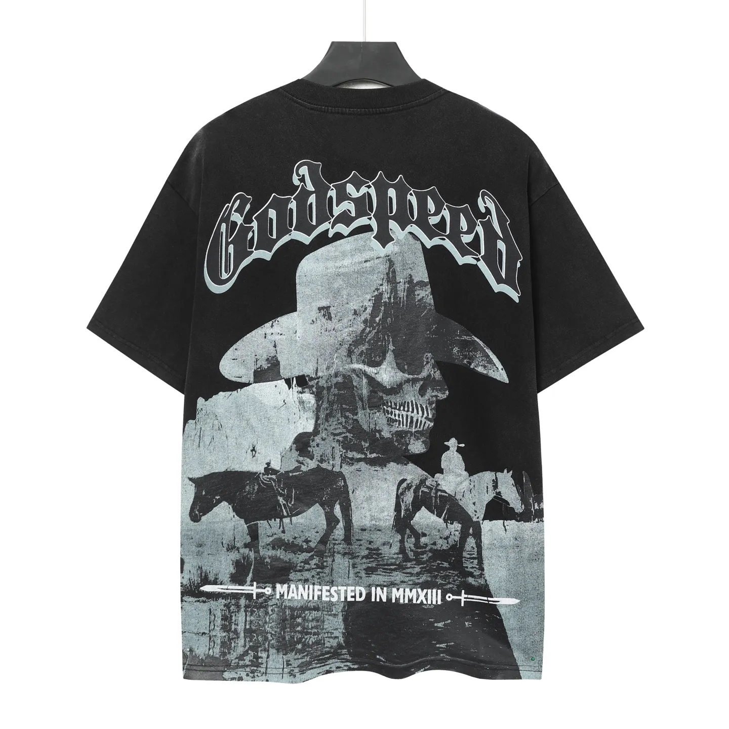 6035# washed black｜P116 Godspeed cross-border American rock and roll street washed retro style short-sleeved T (craft printing) fabric (fabric): 32 count combed double yarn 250 grams weight code (size): S-M-L-XL color (colour): washed black 👉