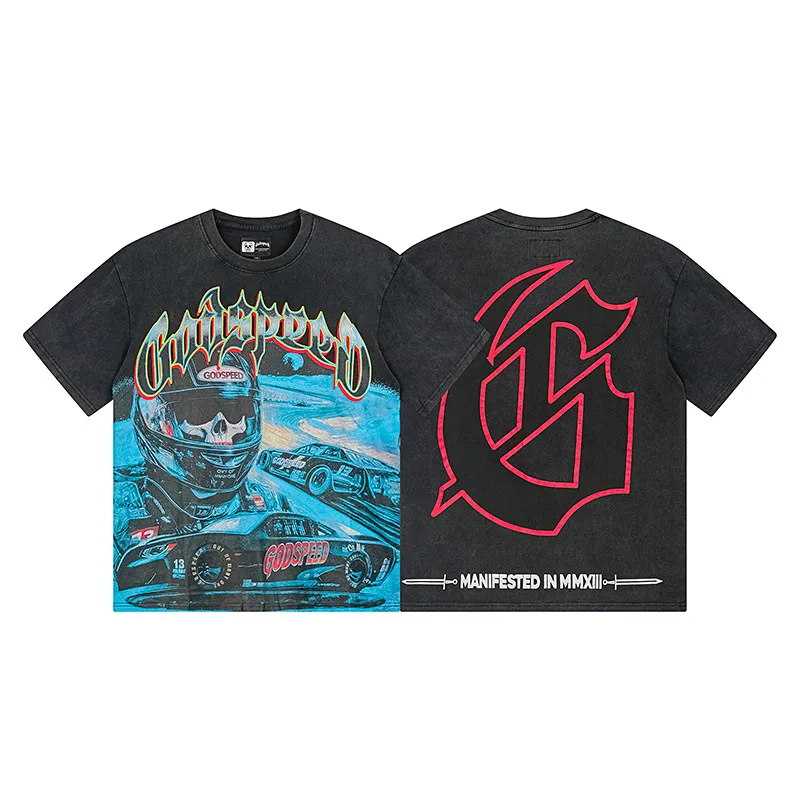1165# P120 Washed Black Real Shot Godspeed American Fashion Rock Street Retro Washed Distressed Printed Cotton Short Sleeves Fabric: 250g 32 Count Fine Cotton Double Yarn Pure Cotton Color: Washed Black Size: S M L XL