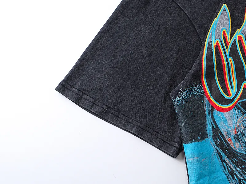1165# P120 Washed Black Real Shot Godspeed American Fashion Rock Street Retro Washed Distressed Printed Cotton Short Sleeves Fabric: 250g 32 Count Fine Cotton Double Yarn Pure Cotton Color: Washed Black Size: S M L XL