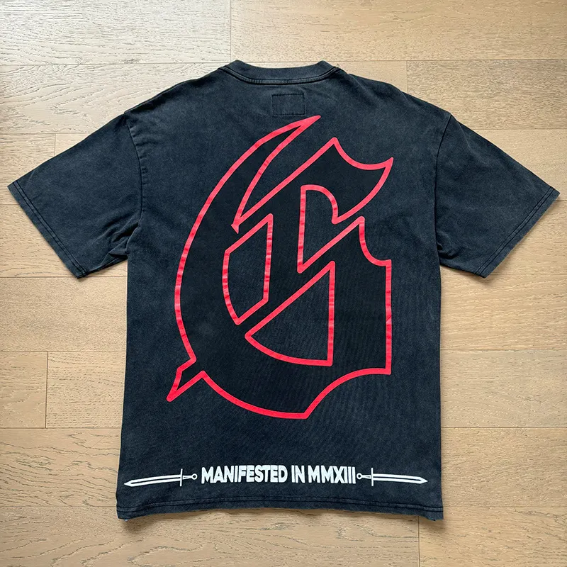 1165# P120 Washed Black Real Shot Godspeed American Fashion Rock Street Retro Washed Distressed Printed Cotton Short Sleeves Fabric: 250g 32 Count Fine Cotton Double Yarn Pure Cotton Color: Washed Black Size: S M L XL