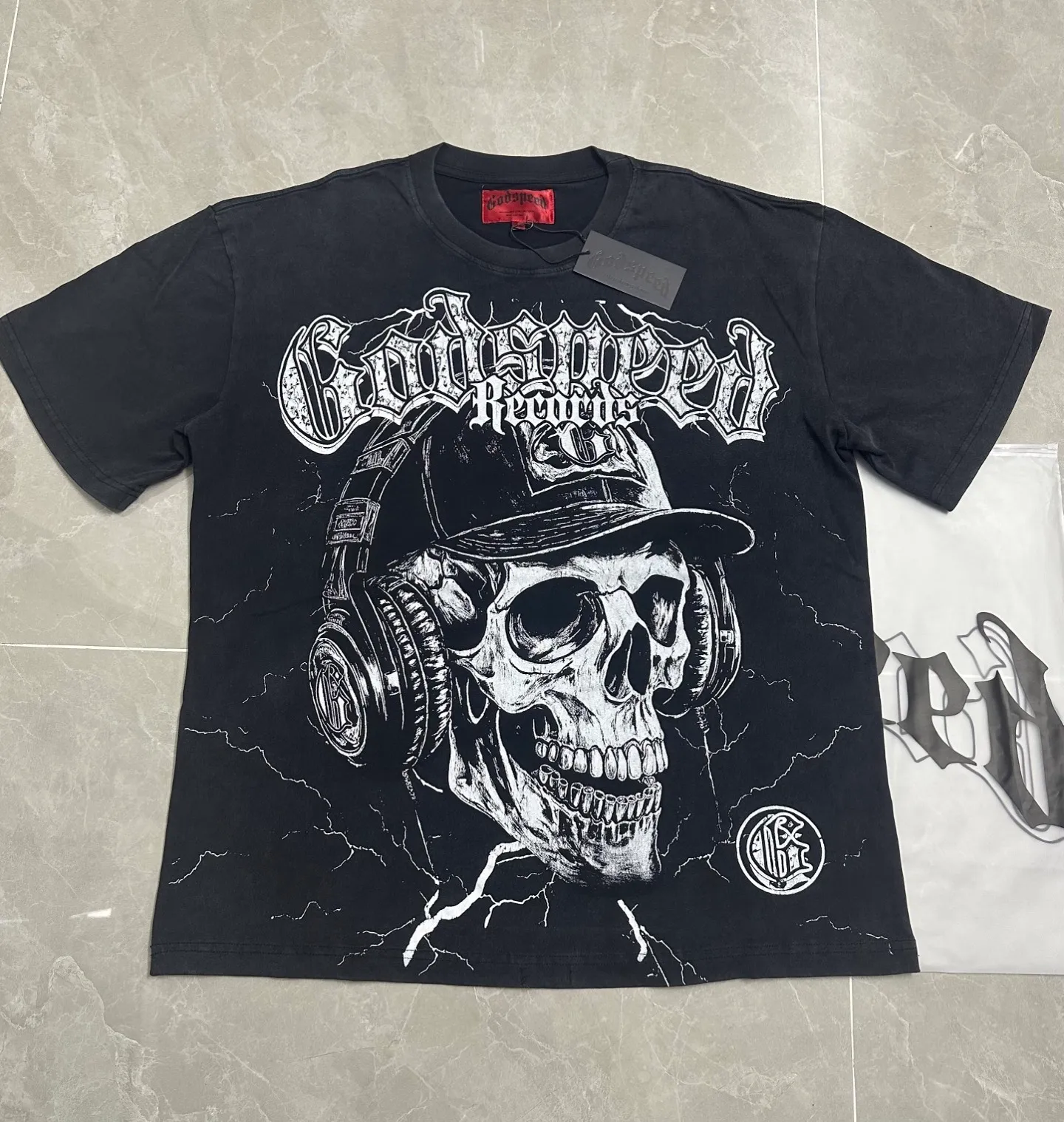 6130# Washed Black I P116 Real Spot (Beautiful Fashion Niche) - New Godspeed Cross-Border American Rock Street Washed Retro Style Short Sleeve T (Craft Printing) Fabric: 32 Count Combed Double Yarn 250g Weight Size: S-M-L-XL Color: Washed Black