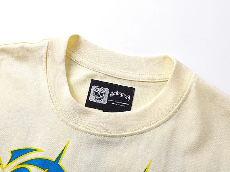 3170# P106 Real shot Godspeed American fashion rock street retro loose printed cotton short sleeves Fabric: 240g 32 count fine cotton double yarn pure cotton Color: apricot Size: S M L XL
