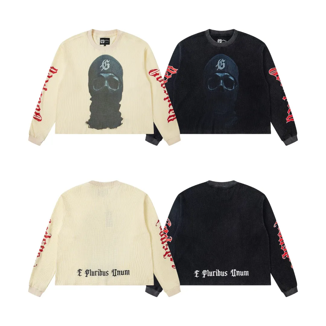 G18# GodSpeed ​​white ink direct spray long-sleeved waffle S-XL washed black P186 apricot P176