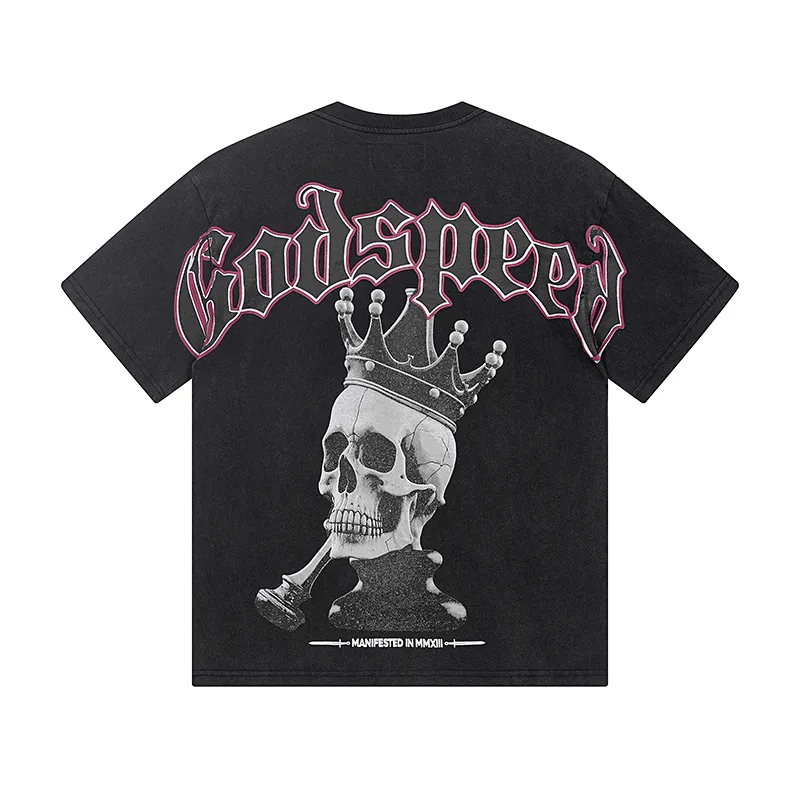 1089# P126 Washed Black Real Shot Godspeed American Fashion Rock Street Retro Washed Distressed Printed Cotton Short Sleeves Fabric: 250g 32 Count Fine Cotton Double Yarn Pure Cotton Color: Washed Black Size: S M L XL