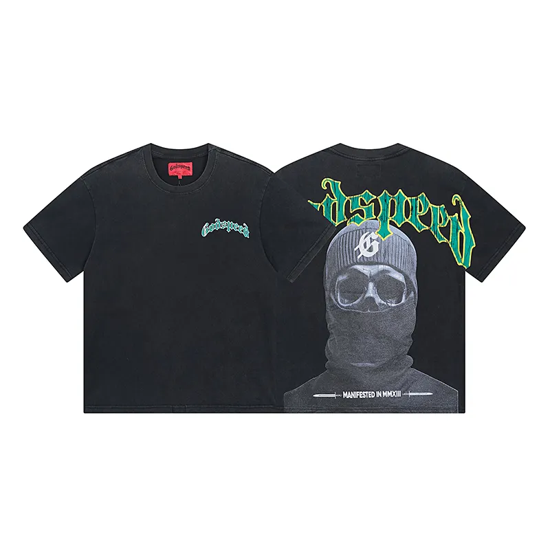 1020# P126 Washed Black Real Shot Godspeed American Fashion Rock Street Retro Washed Distressed Printed Pure Cotton Short Sleeves Fabric: 250g 32 Count Fine Cotton Double Yarn Pure Cotton Color: Washed Black Size: S M L XL