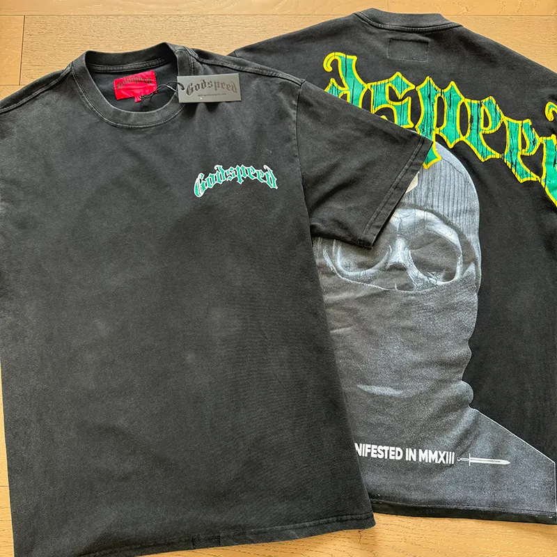 1020# P126 Washed Black Real Shot Godspeed American Fashion Rock Street Retro Washed Distressed Printed Pure Cotton Short Sleeves Fabric: 250g 32 Count Fine Cotton Double Yarn Pure Cotton Color: Washed Black Size: S M L XL