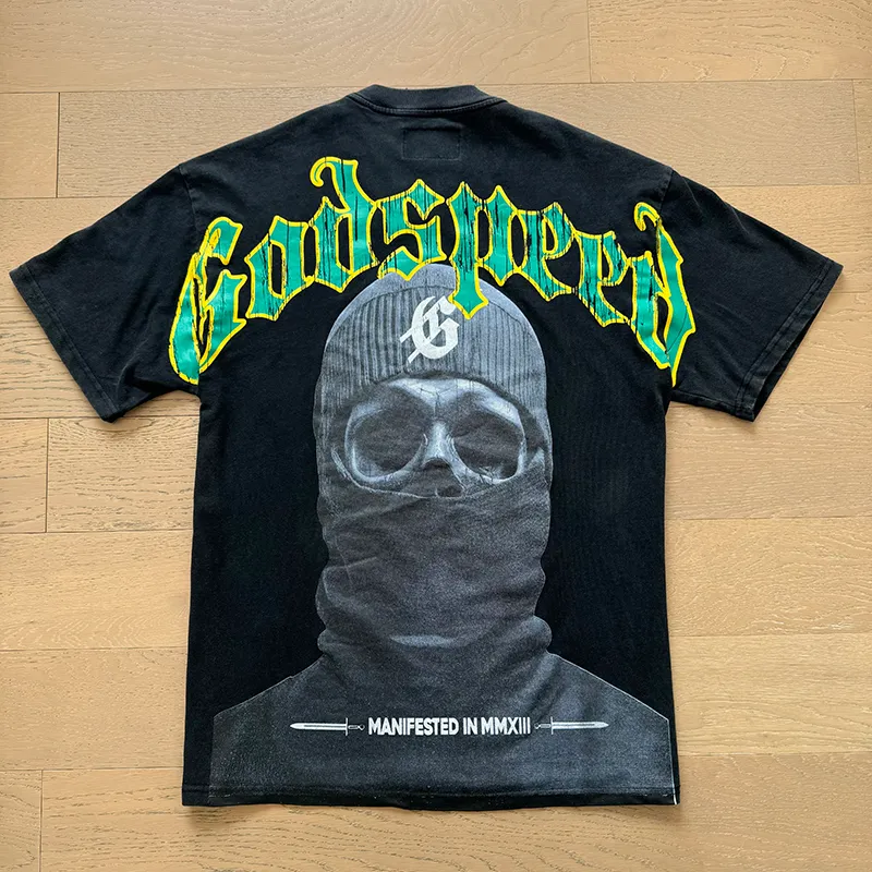 1020# P126 Washed Black Real Shot Godspeed American Fashion Rock Street Retro Washed Distressed Printed Pure Cotton Short Sleeves Fabric: 250g 32 Count Fine Cotton Double Yarn Pure Cotton Color: Washed Black Size: S M L XL