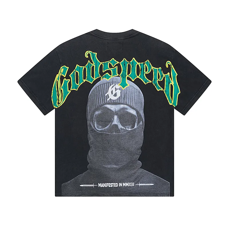 1020# P126 Washed Black Real Shot Godspeed American Fashion Rock Street Retro Washed Distressed Printed Pure Cotton Short Sleeves Fabric: 250g 32 Count Fine Cotton Double Yarn Pure Cotton Color: Washed Black Size: S M L XL