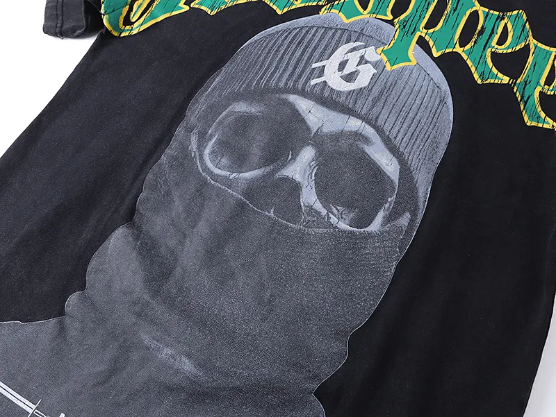 1020# P126 Washed Black Real Shot Godspeed American Fashion Rock Street Retro Washed Distressed Printed Pure Cotton Short Sleeves Fabric: 250g 32 Count Fine Cotton Double Yarn Pure Cotton Color: Washed Black Size: S M L XL