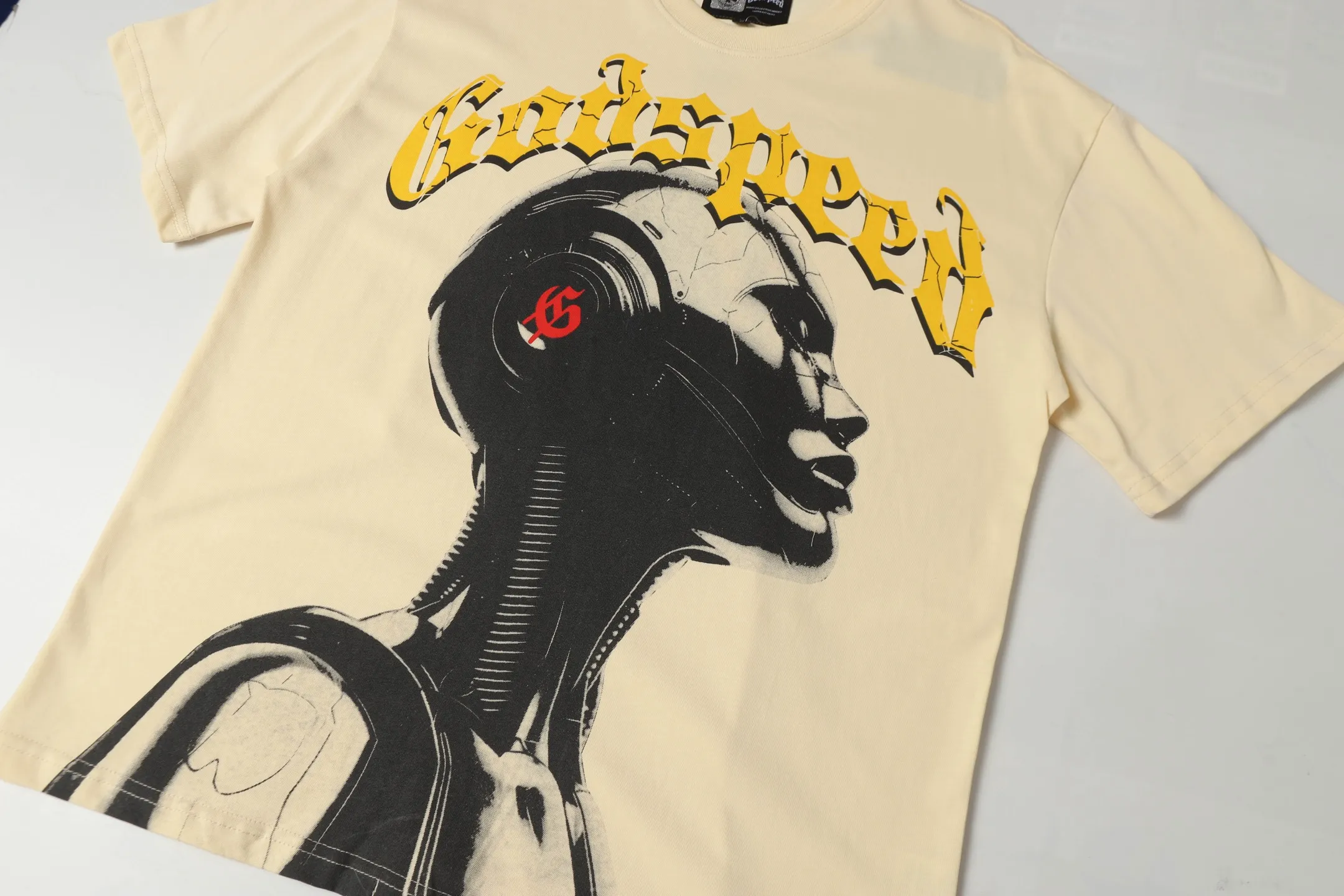 5007#White/Apricot｜P104 Godspeed cross-border American rock and roll street washed retro style short-sleeved T (craft printing) fabric (fabric): 32-count combed double yarn 240 grams weight code number (size): S-M-L-XL color (colour): white, apricot,