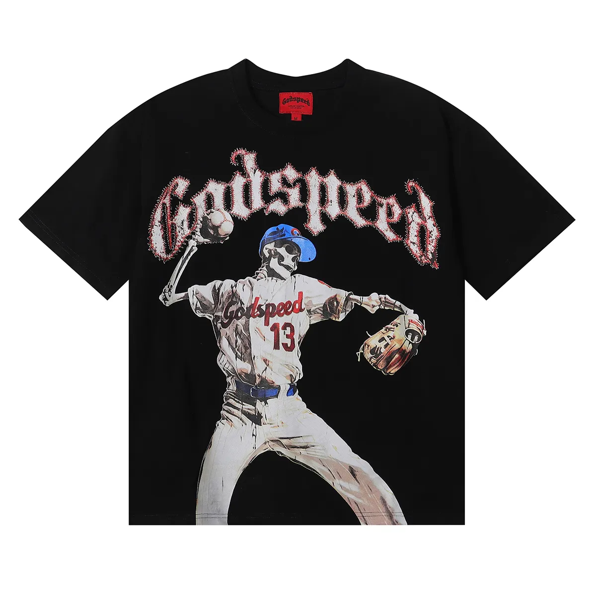 No. 7017, American fashion Godspeed skull baseball player No. 13 high weight double yarn pure cotton round neck short-sleeved T-shirt Color: black, apricot; Size: S M L XL