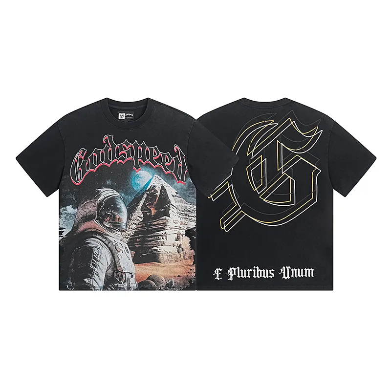 1050# P126 Washed Style Real Shot Godspeed American Fashion Rock Street Retro Washed Distressed Printed Pure Cotton Short Sleeves Fabric: 250g 32 Count Fine Cotton Double Yarn Pure Cotton Color: Washed Black Washed Blue Code Number: S M L XL