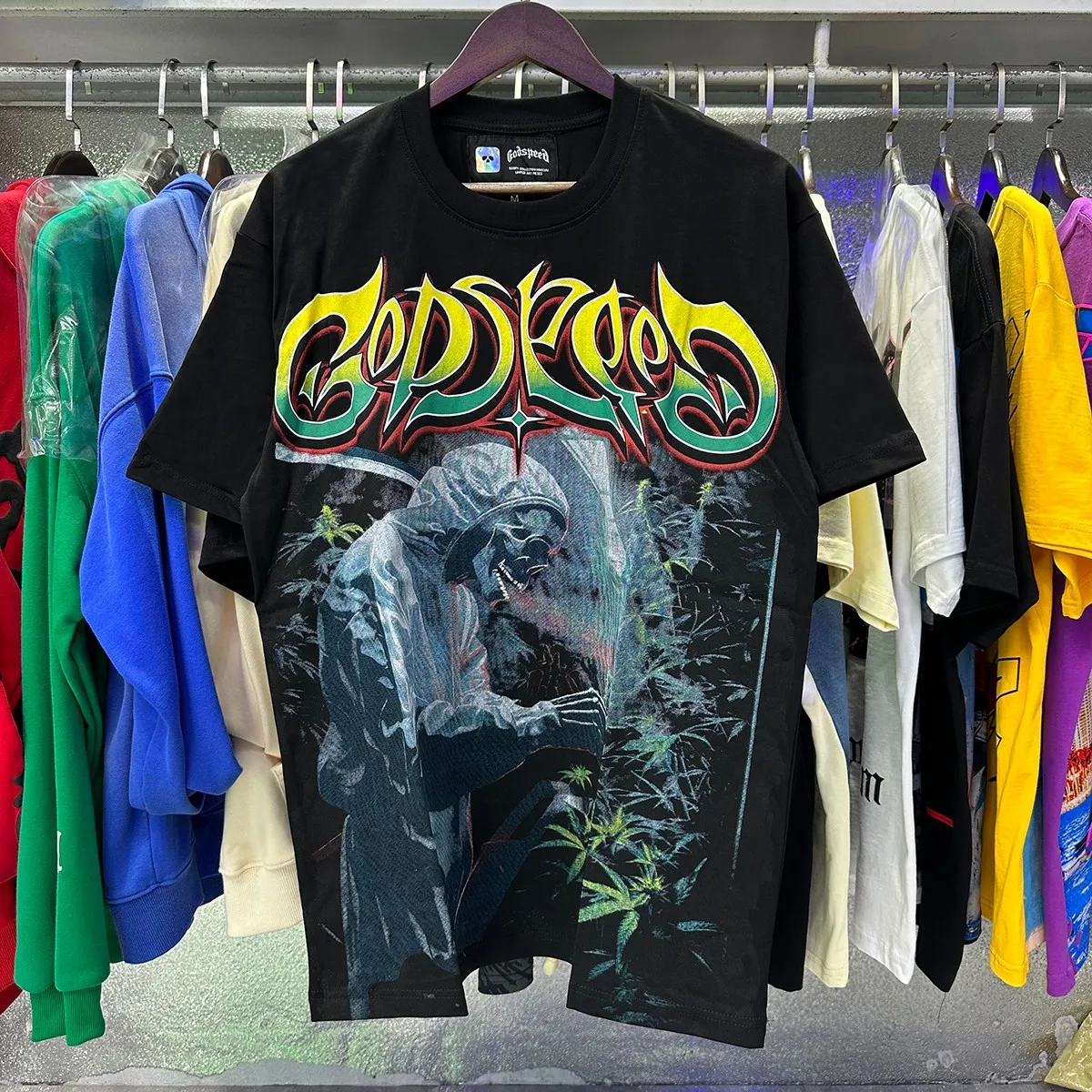 Actual photo, No. 7080, Mechao Godspeed biochemical skull poppy print high quality double yarn pure cotton casual short-sleeved T-shirt batch 106 Color: black, yellow, purple; Size: S M L XL