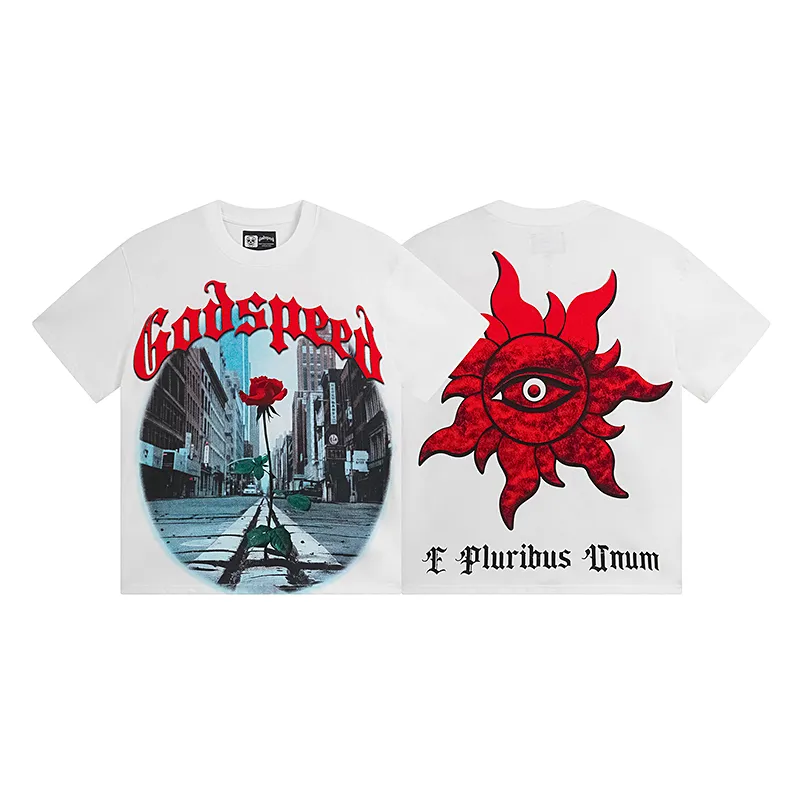 3051# P110 Real shot Godspeed American fashion rock street retro loose printed cotton short sleeves Fabric: 240g 32 count fine cotton double yarn pure cotton Color: off-white Size: S M L XL