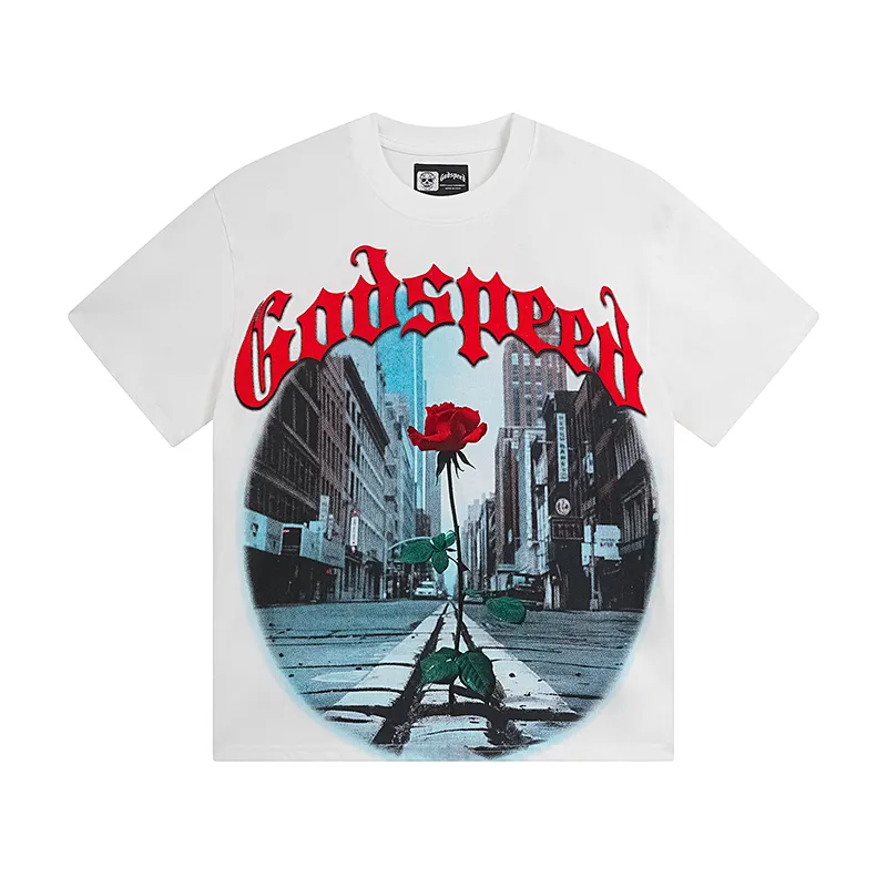 3051# P110 Real shot Godspeed American fashion rock street retro loose printed cotton short sleeves Fabric: 240g 32 count fine cotton double yarn pure cotton Color: off-white Size: S M L XL