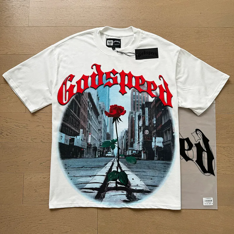 3051# P110 Real shot Godspeed American fashion rock street retro loose printed cotton short sleeves Fabric: 240g 32 count fine cotton double yarn pure cotton Color: off-white Size: S M L XL
