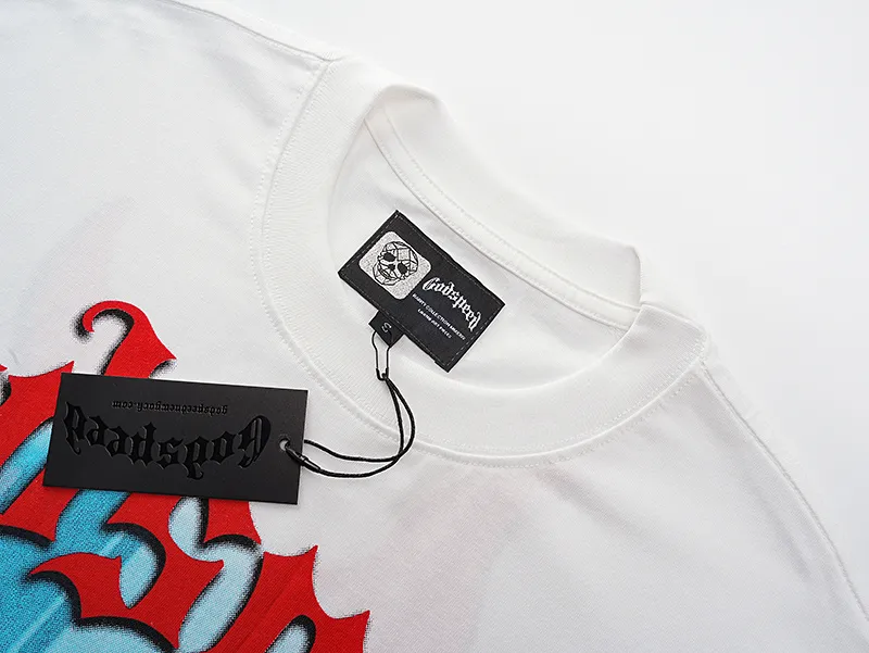 3051# P110 Real shot Godspeed American fashion rock street retro loose printed cotton short sleeves Fabric: 240g 32 count fine cotton double yarn pure cotton Color: off-white Size: S M L XL