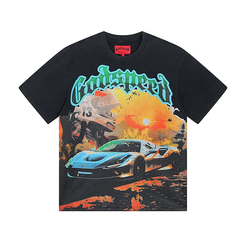 1002# P126 Washed Black Real Shot Godspeed American Fashion Rock Street Retro Washed Distressed Printed Pure Cotton Short Sleeves Fabric: 250g 32 Count Fine Cotton Double Yarn Pure Cotton Color: Washed Black Size: S M L XL