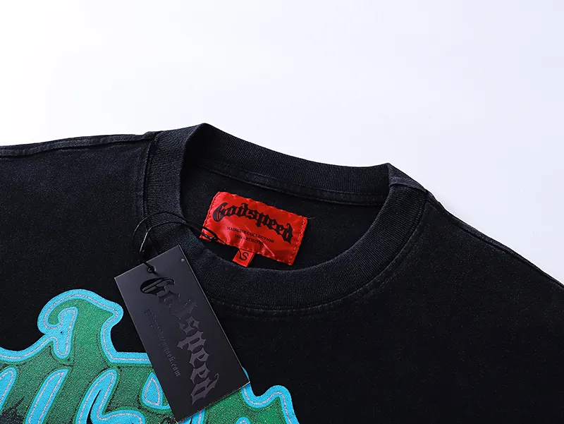 1002# P126 Washed Black Real Shot Godspeed American Fashion Rock Street Retro Washed Distressed Printed Pure Cotton Short Sleeves Fabric: 250g 32 Count Fine Cotton Double Yarn Pure Cotton Color: Washed Black Size: S M L XL