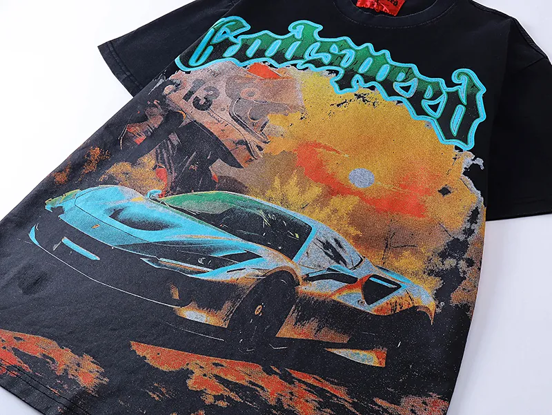 1002# P126 Washed Black Real Shot Godspeed American Fashion Rock Street Retro Washed Distressed Printed Pure Cotton Short Sleeves Fabric: 250g 32 Count Fine Cotton Double Yarn Pure Cotton Color: Washed Black Size: S M L XL