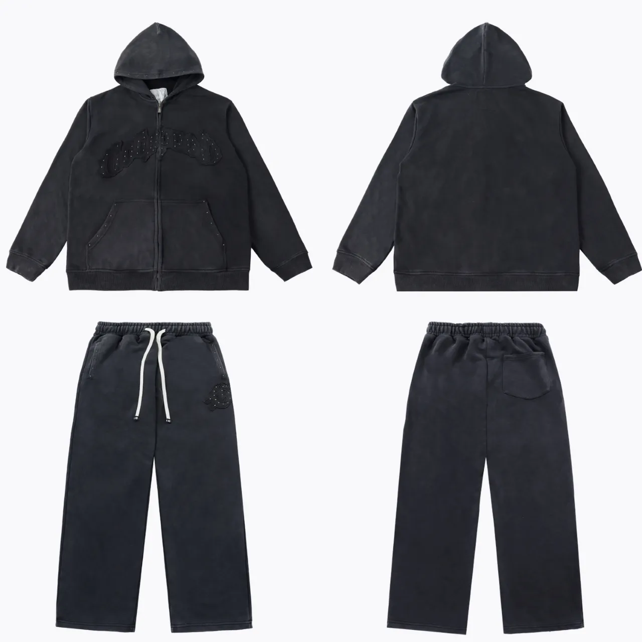 Jacket black P256 Gray P250 Trousers black 98 Gray 95 Real shot Godspeed American fashion street retro washed distressed beaded hooded cardigan sweatshirt Color: Washed black Gray Size: S M L Size: S M L XL