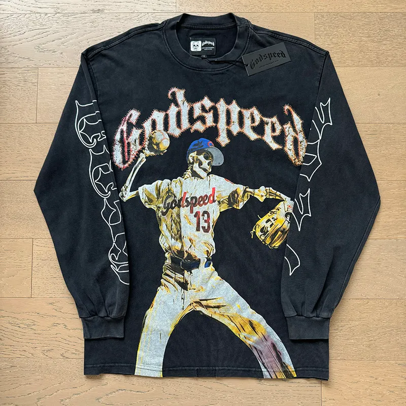 1158# P160 Washed Black Real Shot Godspeed Beauty Street Retro Washed and Distressed Pure Cotton Long T Fabric: 270g 32 Count Fine Cotton Double Yarn Pure Cotton Color: Washed Black Size: S M L XL