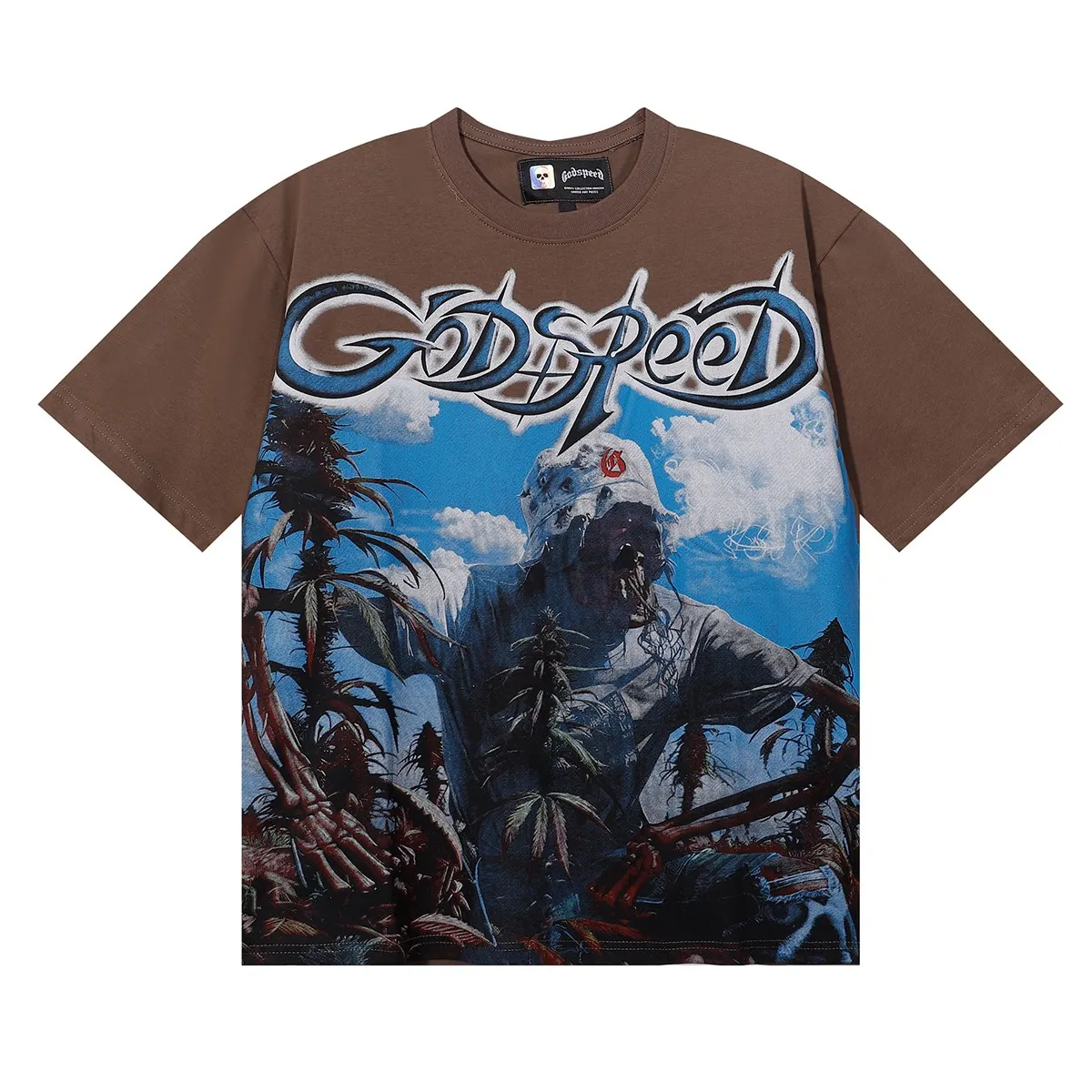 No. 7081, American fashion Godspeed blue sky and white clouds poppy skull planting print high weight double yarn pure cotton casual short-sleeved T-shirt batch 106 Color: black, white, brown; Size: S M L XL
