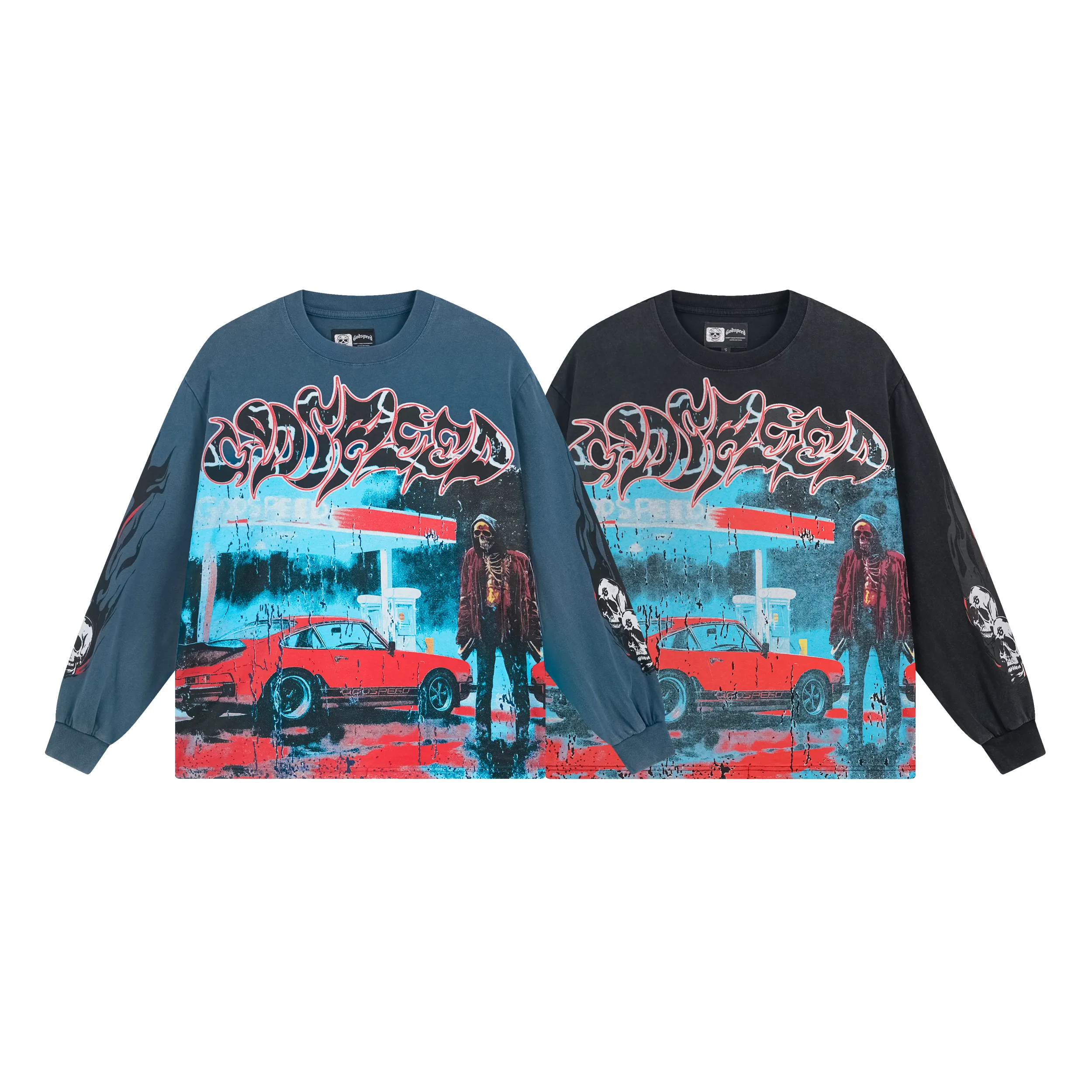 1101# P160 Washed Style Real Shot Godspeed American Fashion Rock Street Retro Washed Distressed Printed Pure Cotton Short Sleeves Fabric: 270g 32 Count Fine Cotton Double Yarn Pure Cotton Color: Washed Black Washed Blue Code Number: S M L XL