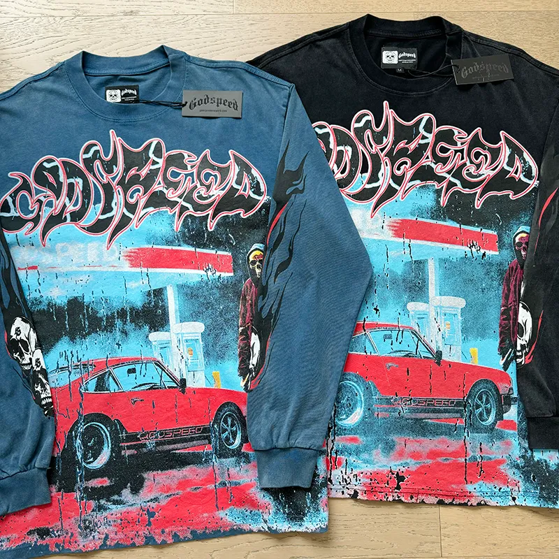 1101# P160 Washed Style Real Shot Godspeed American Fashion Rock Street Retro Washed Distressed Printed Pure Cotton Short Sleeves Fabric: 270g 32 Count Fine Cotton Double Yarn Pure Cotton Color: Washed Black Washed Blue Code Number: S M L XL