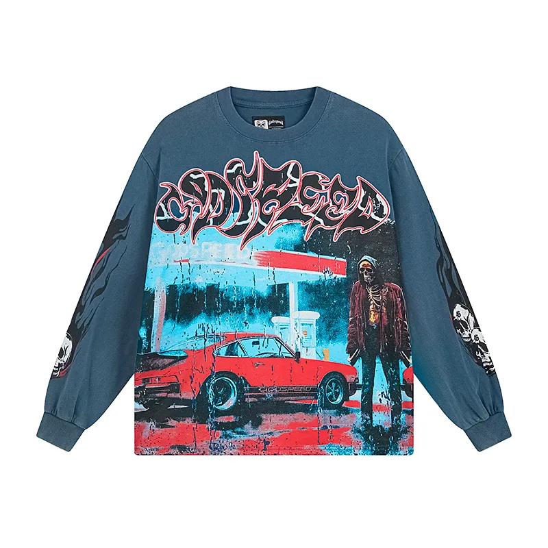 1101# P160 Washed Style Real Shot Godspeed American Fashion Rock Street Retro Washed Distressed Printed Pure Cotton Short Sleeves Fabric: 270g 32 Count Fine Cotton Double Yarn Pure Cotton Color: Washed Black Washed Blue Code Number: S M L XL