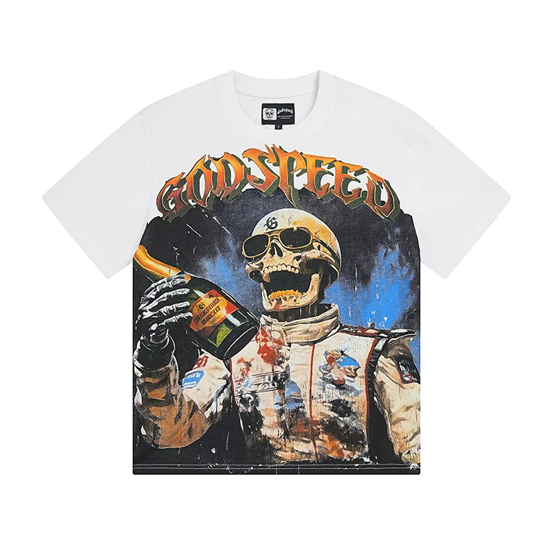 3016# P110 Real shot Godspeed American fashion rock street retro loose printed cotton short sleeves Fabric: 240g 32 count fine cotton double yarn pure cotton Color: off-white Size: S M L XL