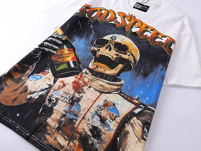 3016# P110 Real shot Godspeed American fashion rock street retro loose printed cotton short sleeves Fabric: 240g 32 count fine cotton double yarn pure cotton Color: off-white Size: S M L XL