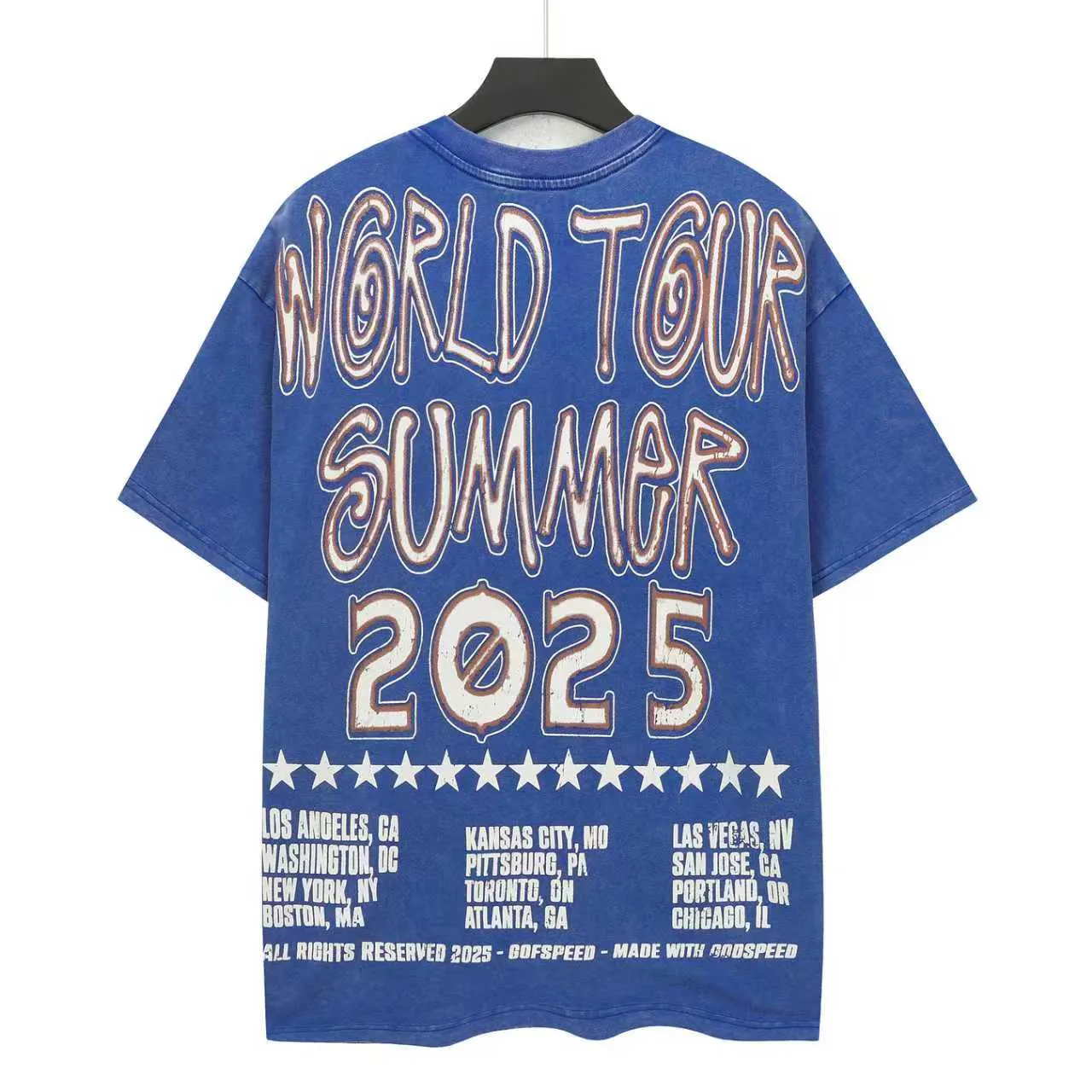 6117# Washed Klein Blue ｜ P116 Exclusive new Godspeed cross-border American rock and roll street washed retro style short-sleeved T (craft print) Fabric: 32 count combed double yarn 250 grams weight Size (size): S-M-L-XL Color (colour): Washed retro Klein blue 👉