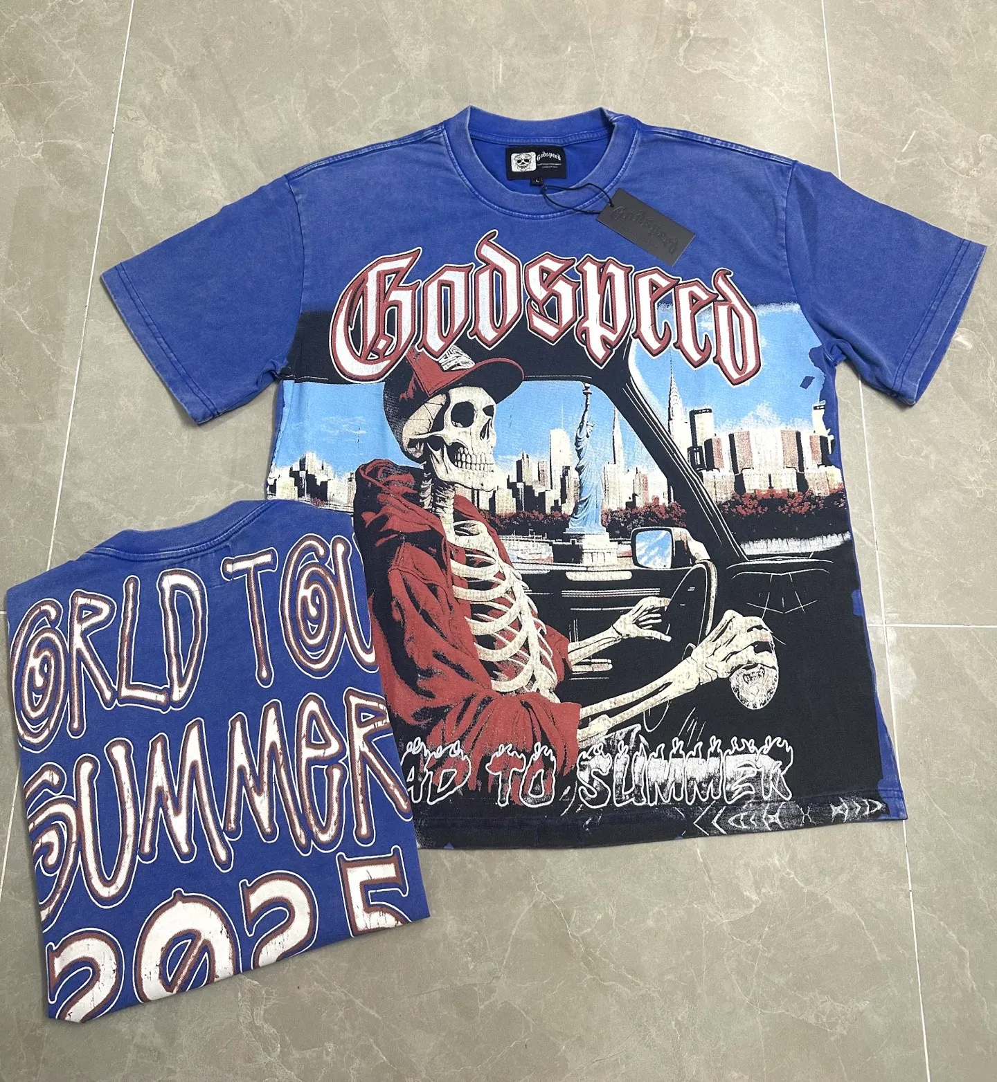 6117# Washed Klein Blue ｜ P116 Exclusive new Godspeed cross-border American rock and roll street washed retro style short-sleeved T (craft print) Fabric: 32 count combed double yarn 250 grams weight Size (size): S-M-L-XL Color (colour): Washed retro Klein blue 👉