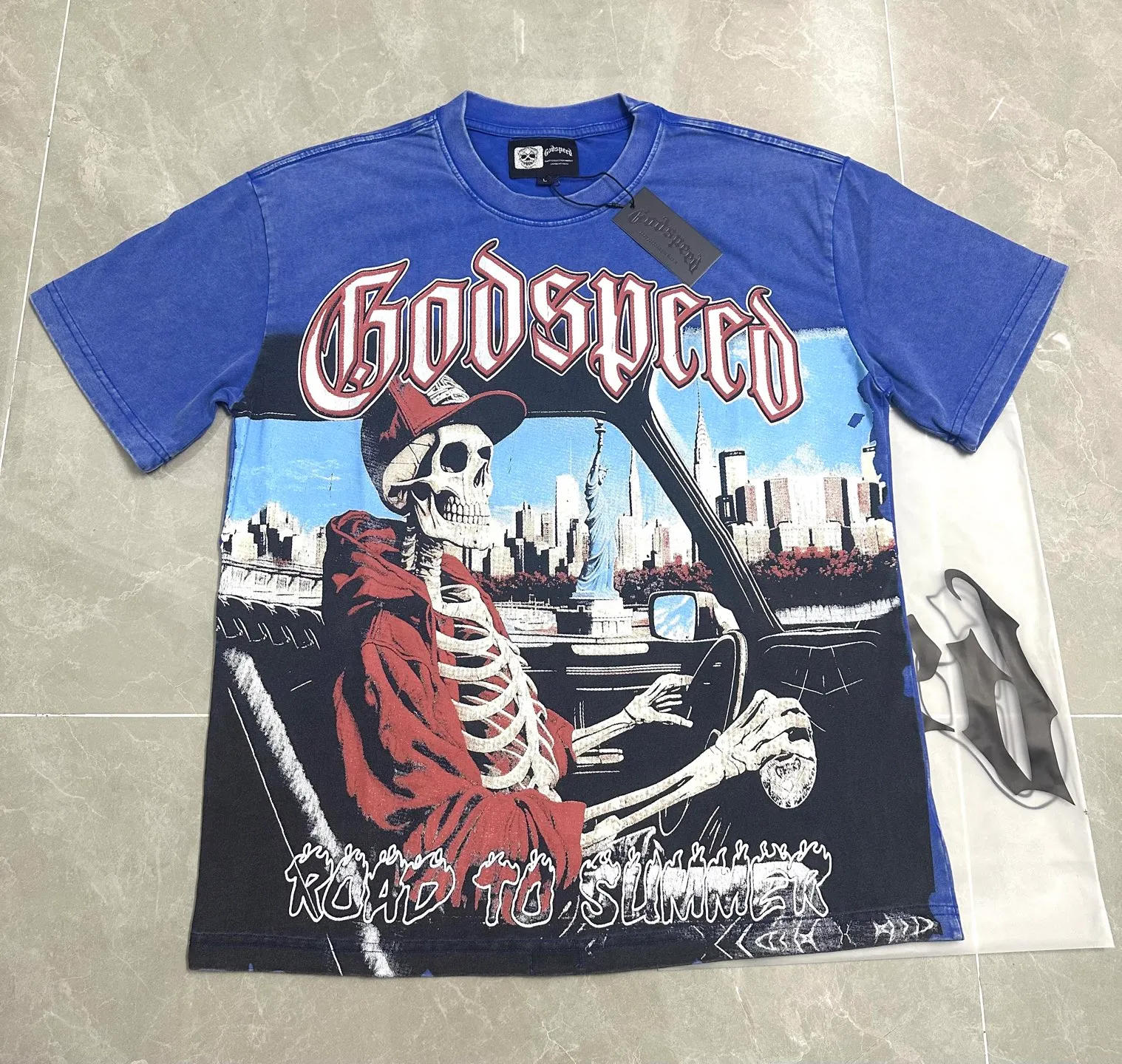 6117# Washed Klein Blue ｜ P116 Exclusive new Godspeed cross-border American rock and roll street washed retro style short-sleeved T (craft print) Fabric: 32 count combed double yarn 250 grams weight Size (size): S-M-L-XL Color (colour): Washed retro Klein blue 👉