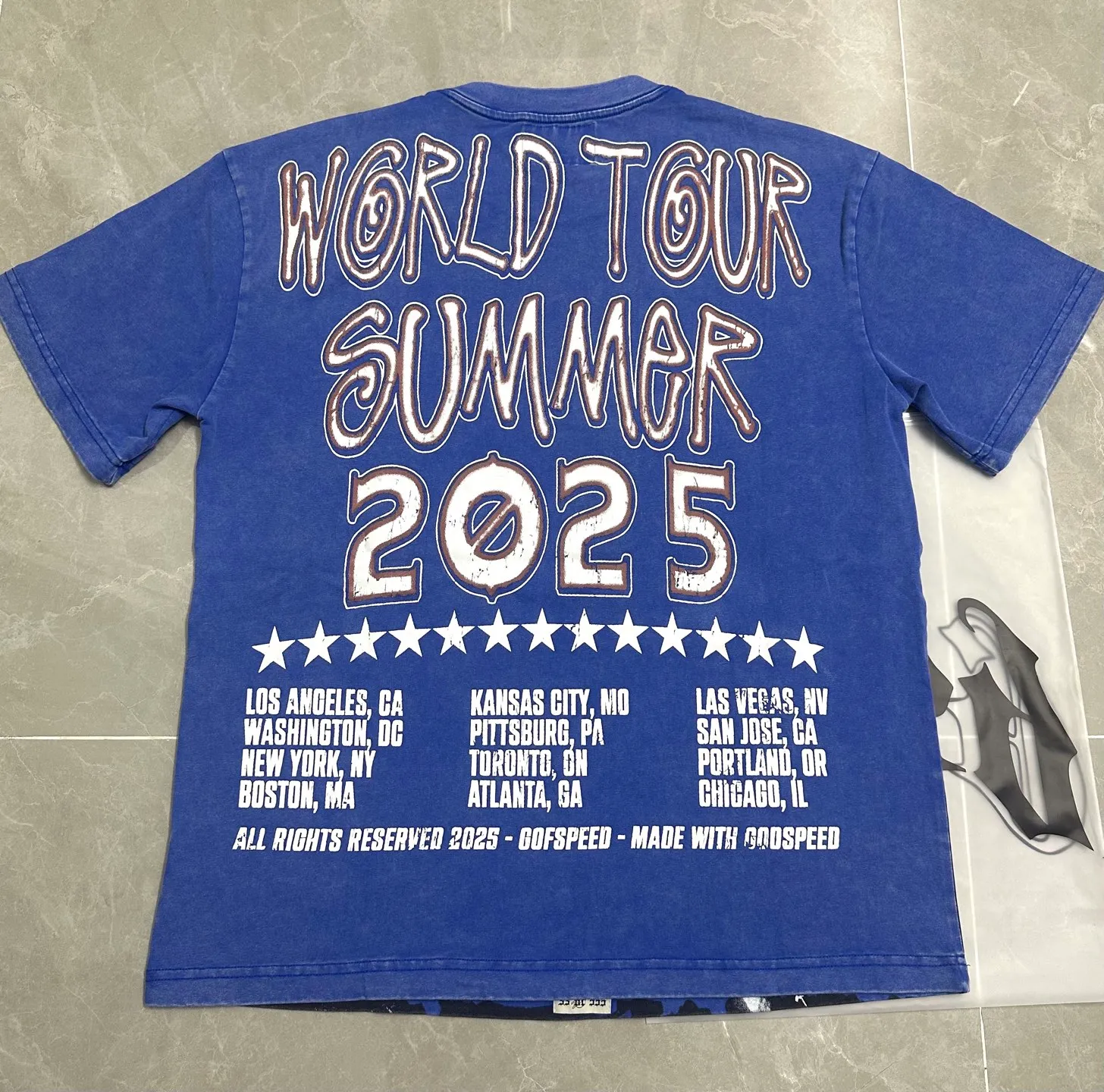 6117# Washed Klein Blue ｜ P116 Exclusive new Godspeed cross-border American rock and roll street washed retro style short-sleeved T (craft print) Fabric: 32 count combed double yarn 250 grams weight Size (size): S-M-L-XL Color (colour): Washed retro Klein blue 👉