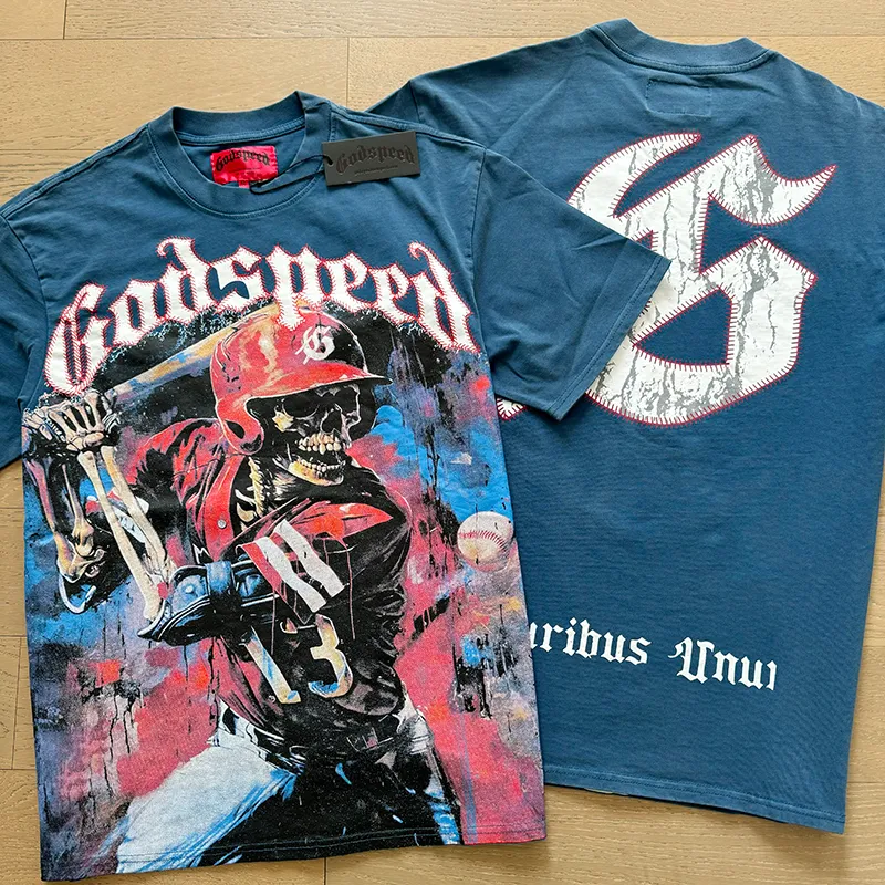 1017# P126 Washed model Real shot Godspeed American fashion rock street retro washed distressed printed cotton short sleeves Fabric: 250g 32 count fine cotton double yarn pure cotton Color: washed black washed blue Code number: S M L XL