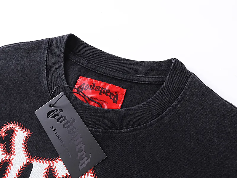 1017# P126 Washed model Real shot Godspeed American fashion rock street retro washed distressed printed cotton short sleeves Fabric: 250g 32 count fine cotton double yarn pure cotton Color: washed black washed blue Code number: S M L XL