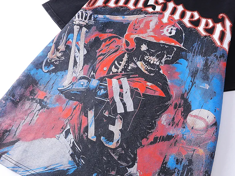 1017# P126 Washed model Real shot Godspeed American fashion rock street retro washed distressed printed cotton short sleeves Fabric: 250g 32 count fine cotton double yarn pure cotton Color: washed black washed blue Code number: S M L XL