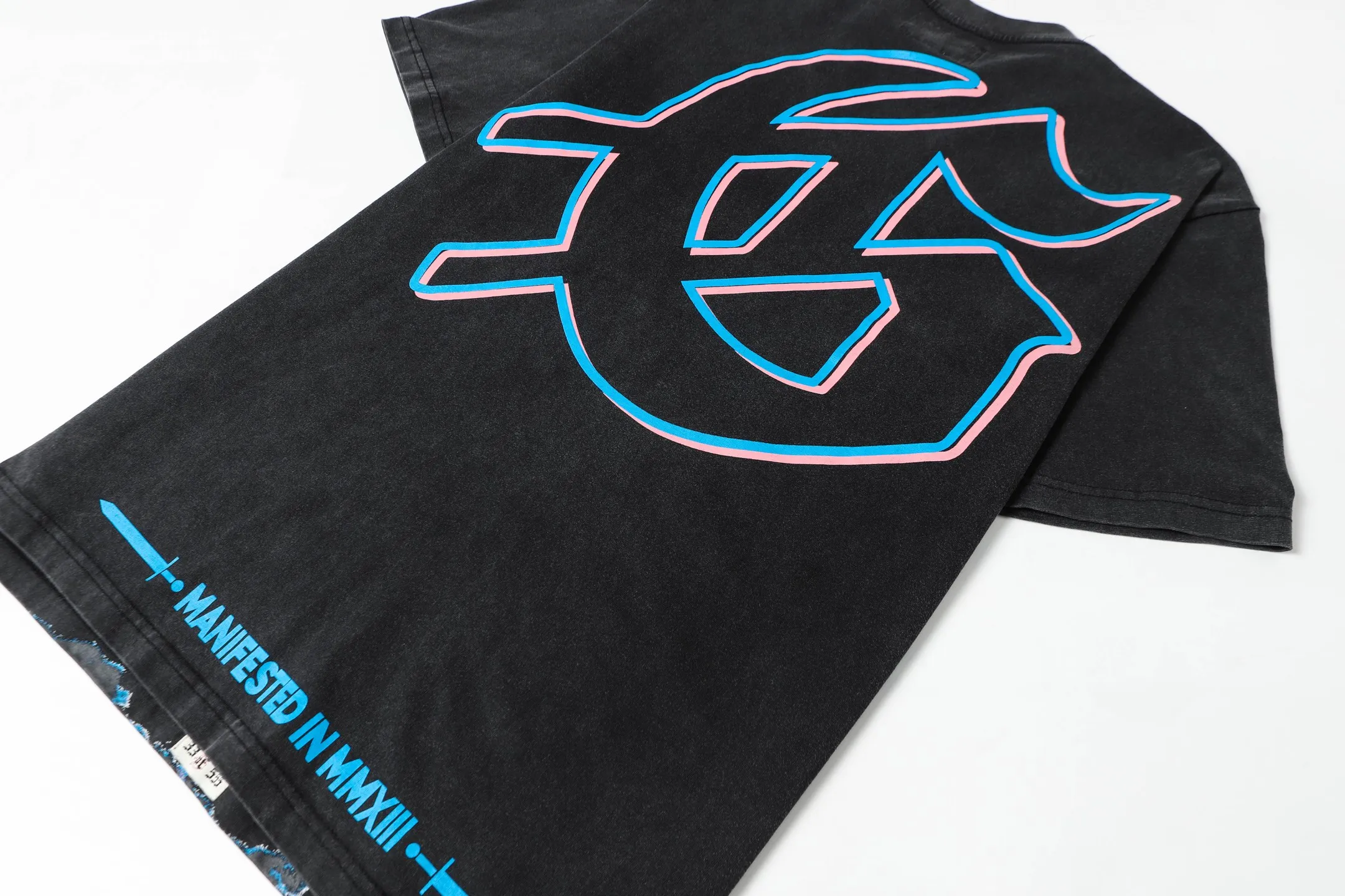 6058#washed black｜P116 Godspeed cross-border American rock and roll street washed retro style short-sleeved T (craft printing) fabric (fabric): 32 count combed double yarn 250g weight code number (size): S-M-L-XL color (colour): washed black