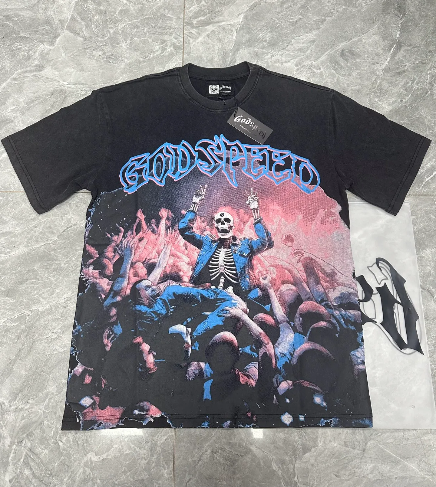6058#washed black｜P116 Godspeed cross-border American rock and roll street washed retro style short-sleeved T (craft printing) fabric (fabric): 32 count combed double yarn 250g weight code number (size): S-M-L-XL color (colour): washed black