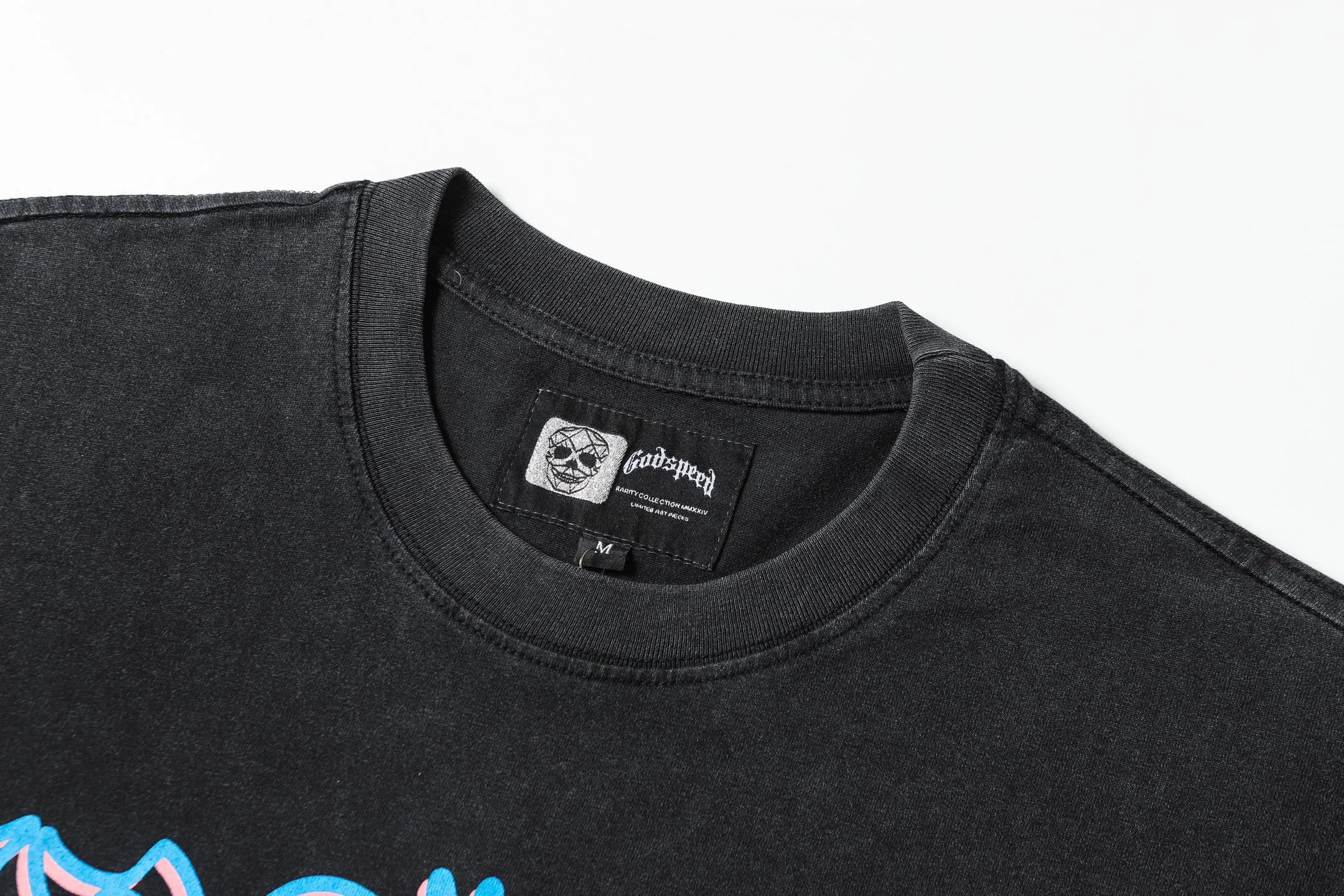 6058#washed black｜P116 Godspeed cross-border American rock and roll street washed retro style short-sleeved T (craft printing) fabric (fabric): 32 count combed double yarn 250g weight code number (size): S-M-L-XL color (colour): washed black