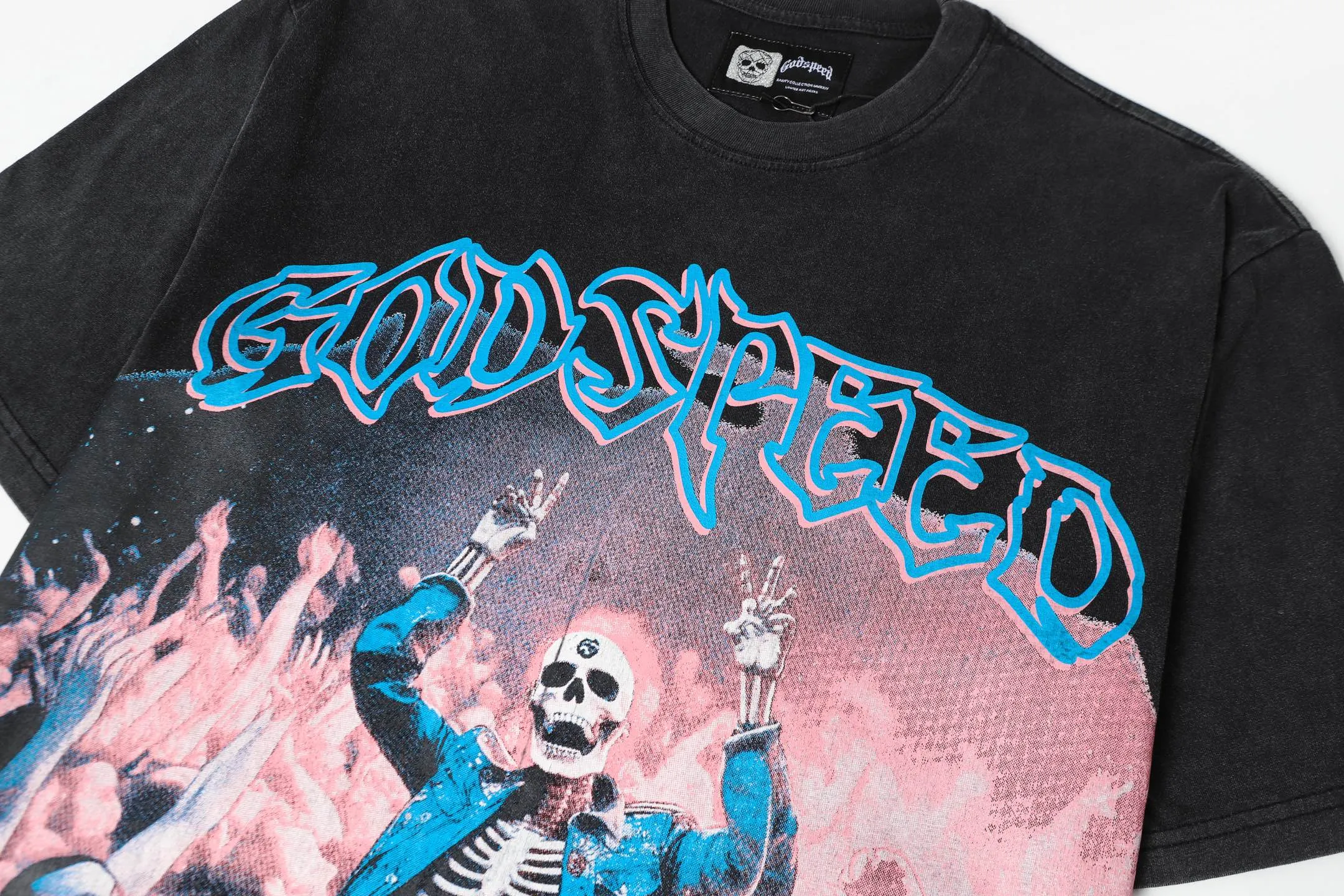 6058#washed black｜P116 Godspeed cross-border American rock and roll street washed retro style short-sleeved T (craft printing) fabric (fabric): 32 count combed double yarn 250g weight code number (size): S-M-L-XL color (colour): washed black