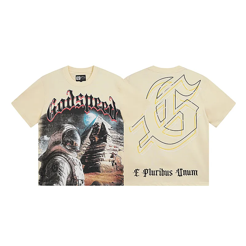 3050# P110 Real shot Godspeed American fashion rock street retro loose printed cotton short sleeves Fabric: 240g 32 count fine cotton double yarn pure cotton Color: apricot Size: S M L XL