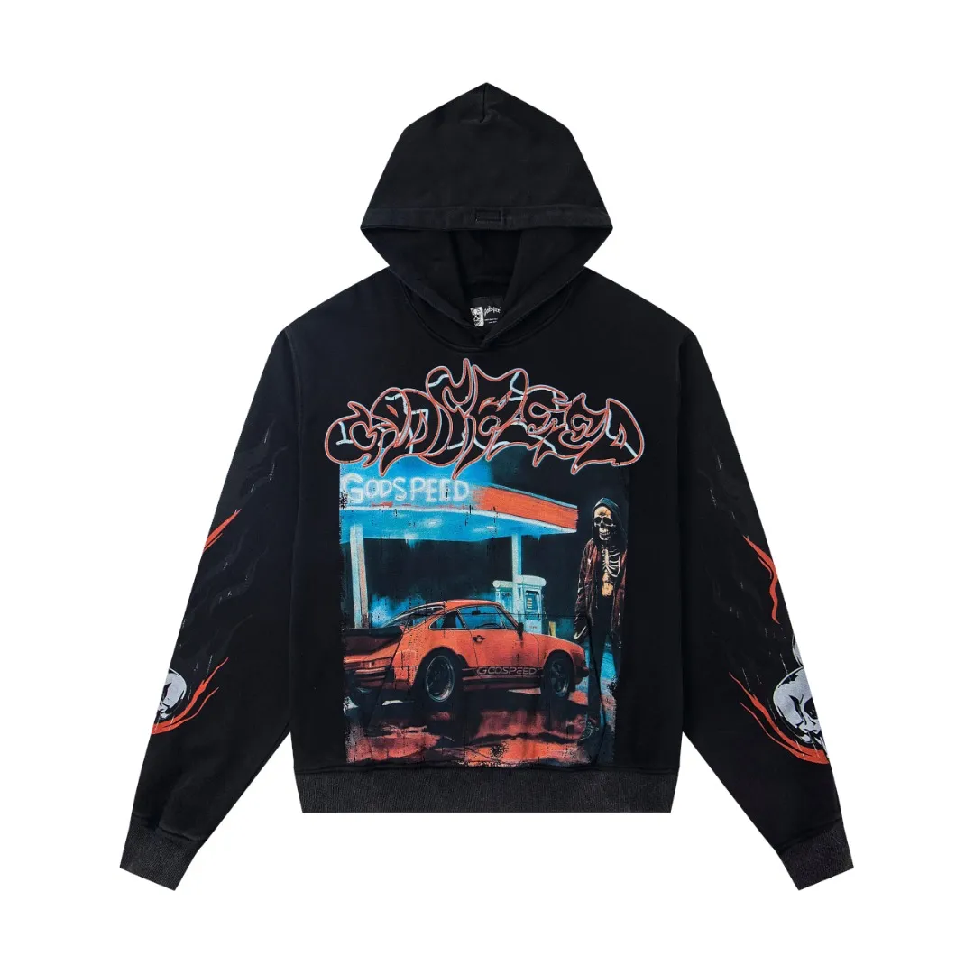 G20# GodSpeed ​​white ink direct spray sweatshirt S-XL washed black P236